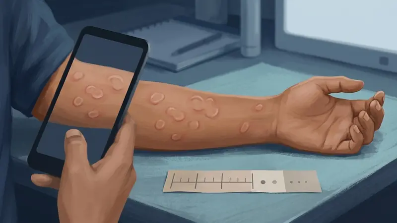 ภาพประกอบสร้างด้วย AI แสดงการใช้โทรศัพท์ถ่ายบันทึกผื่นลมพิษบนท่อนแขน